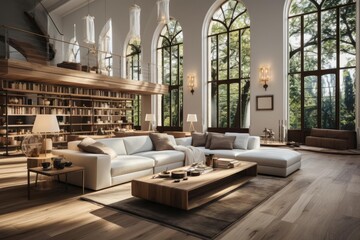 Interior photograph of modern minimalistic study of big european villa with windows and wood floors