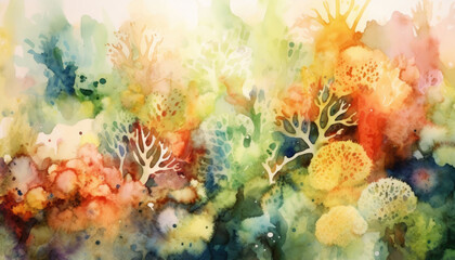 Fototapeta na wymiar Abstract watercolor painting splashes. Shapes like coral reef green, pink and yellow colors.
