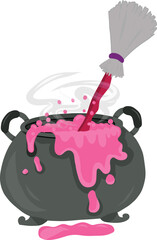 Cartoon halloween witches cauldron with pink bubbling cooking art magic pot and brew design vector illustration.