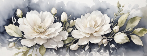 Watercolor art background vector. Wallpaper design with winter flower paint brush line art.
