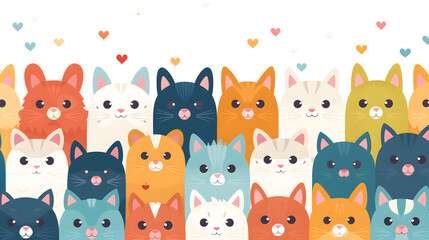 Seamless colourful cartoon pattern with cute cats and hearts in pastel colour