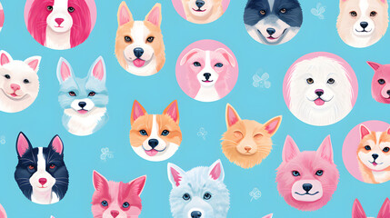 Seamless colourful cartoon pattern with cute cats and hearts in pastel colour