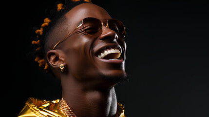 Portrait of a smiling african american woman in golden clothes and sunglasses.