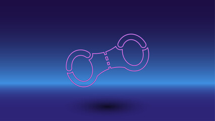 Fototapeta na wymiar Neon handcuffs symbol on a gradient blue background. The isolated symbol is located in the bottom center. Gradient blue with light blue skyline