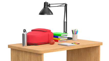 3D rendering illustration of a red backpack and books on student desk