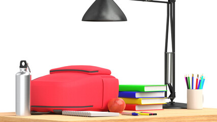 3D rendering illustration of a red backpack and books on student desk
