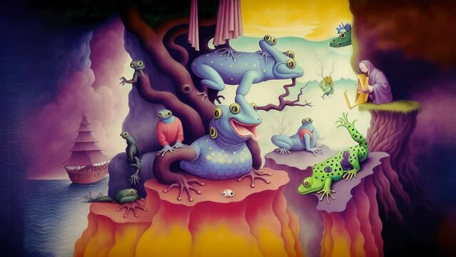 Generative ai animation of surreal magic animals. Digital image painted manipulation of a fairy tale scene with frogs