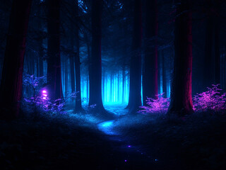 Dark forest in the night, neon colors. Generative AI