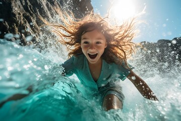 Obraz premium Summer joyfully scene with happy girl having fun and falls into the light turquoise sea water, splashing. Pastel colors. Beach children play. Holiday or travel concept.