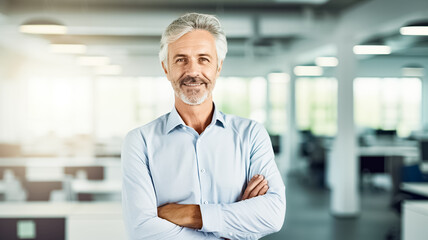 Fototapeta premium Happy confident mature business man standing in office hall, portrait. Smiling mid aged older corporate manager, looking at camera with arms crossed. 
