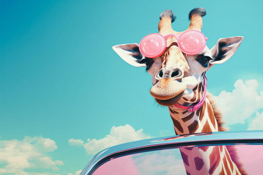 Creative composition with a goofy giraffe wearing glasses and driving in a pink retro convertible car. Vintage postcard style with copy space. Generative AI.
