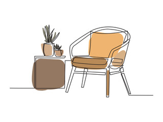 Fototapeta premium Continuous one line drawing of armchair and with potted plants. Scandinavian stylish furniture in simple linear style. Vector illustration