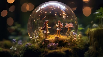 Obraz na płótnie Canvas Enchanted Forest in a Bubble: Mini Fairies, Flowers & Mystical Mushrooms, generative Ai