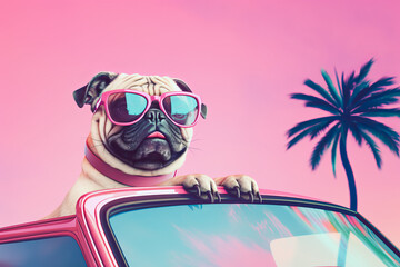 Smiling happy pug dog in a pink leather punk jacket posing in a retro convertible car on a sunny day. Generative AI.
