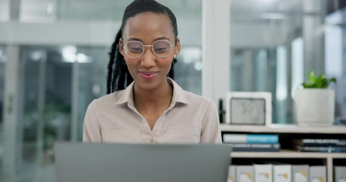Online, research and business with black woman and laptop in office for planning, website or email. Communication, network and internet with employee in agency for technology, information or proposal