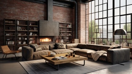 Living room loft in industrial style, a room Stylish Modern with sofa, wood tables, and a concrete wall, Generative AI