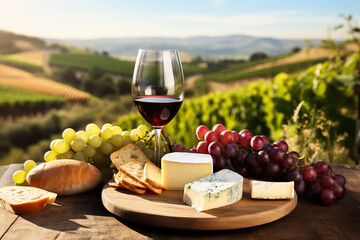 Red wine with cheese served on wooden planks vineyard on background 