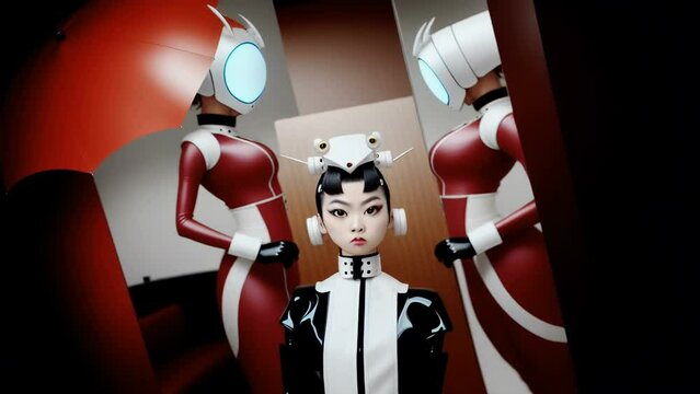 Generative Ai animation of futuristic fetish anime robots. Digital image photo shooting fashion magazine style.
