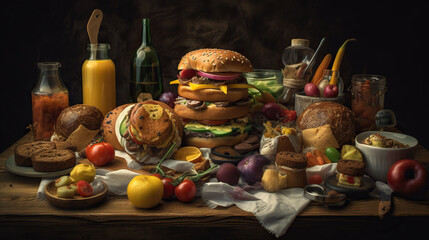 still life with hamburgers and vegetables on rustic wooden table