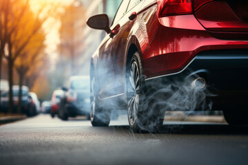 Close up of car exhaust pipe with thick smoke