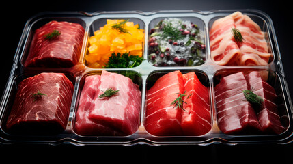 Raw meat and salad in a plastic packaging trays in a shop showcase