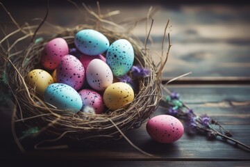Easter eggs on wooden background with vintage_tone generative ai