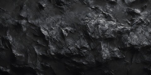 Black white rock texture. Rough mountain surface. Close-up. Volumetric stone background with space for design. Dark gray grunge backdrop. Wide banner. Panoramic