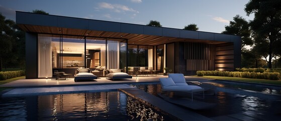 Obraz premium modern dark villa with open plan living and private chair wing with small terrace for relaxation, Generative AI