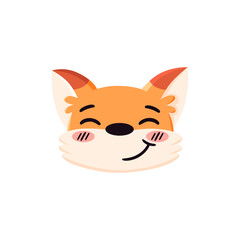 Cute fox face, flushed cheeks, embarrassed. Smiling animal portrait. Cartoon character. Flat vector illustration isolated on white background