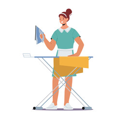 Fototapeta premium Efficient Maid Meticulously Irons Clothes, Creating Crisp And Wrinkle-free Garments, Cartoon Vector Illustration