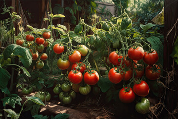 Ripe red tomatoes growing in a greenhouse on a sunny summer day - obrazy, fototapety, plakaty
