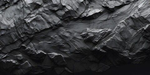 Black white rock texture. Rough mountain surface. Close-up. Volumetric stone background with space for design. Dark gray grunge backdrop. Wide banner. Panoramic