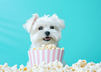 Adorable smiling Maltese dog posing with a basket full of popcorn in front of a minimalist pastel background. Generative AI.