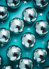 Trendy party background with multiple shiny disco balls on a turquoise background. Turquoise monochromatic color palette. Generative AI.