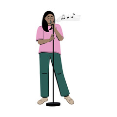 Vector singing girl, beautiful girl singing . Flat vector illustration.