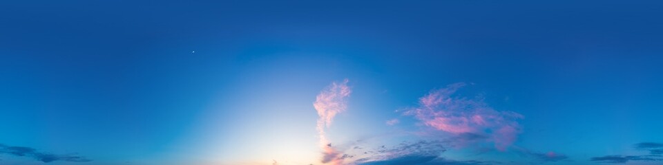 Bright sunset sky panorama with glowing red pink Cumulus clouds. HDR 360 seamless spherical panorama. Sky dome or zenith in 3D, sky replacement for aerial drone panoramas. Climate and weather change.