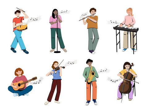 People playing musical instruments vector illustrations set. Large flat vector set of musicians playing synth, saxophone, flute, violin, cello and guitar, drum, singing person. 