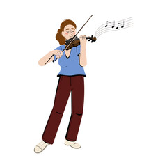 Woman violinist playing, beautiful girl holding a violin. Flat vector illustration.