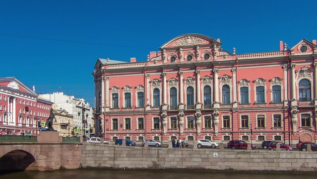 Timelapse hyperlapse of Beloselsky-Belozersky Sergievskiy Palace seen from Fontanka River. Exemplifying early eclecticism in architecture. Saint Petersburg, Russia.