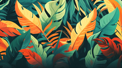 Background  with tropical leaves, 70's art style. Ai generative.