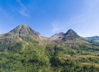 High altitude mountain peaks in green scarce pine forest landscape in Italian dolomites mountain range in northern Italy, Europe