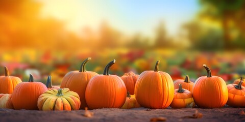 Naklejka na ściany i meble Defocused colorful bright autumn ultra wide panoramic background with blurry pumpkins and falling autumn leaves in the park. Border of orange pumpkins on a sunny day