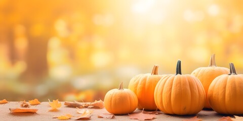 Defocused colorful bright autumn ultra wide panoramic background with blurry pumpkins and falling autumn leaves in the park. Border of orange pumpkins on a sunny day