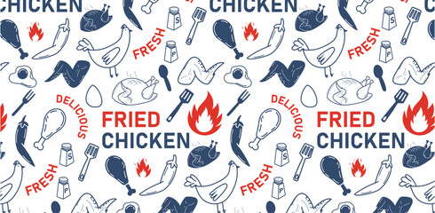 fried chicken restaurant doodle seamless pattern hand drawing icon pattern background