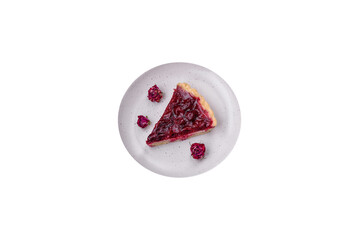 Delicious fragrant sweet pie with cherry berries on a ceramic plate