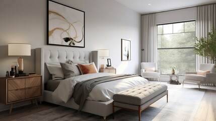 Fototapeta premium A gender-neutral and modern bedroom design with neutral colors, clean lines, and functional storage solutions