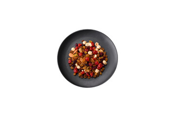 Mix of roasted cashews, hazelnuts and walnuts with dried cranberries and raisins