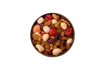 Mix of roasted cashews, hazelnuts and walnuts with dried cranberries and raisins