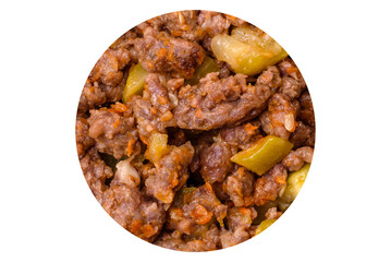 Tasty dish consisting of zucchini, beef meat, mushrooms, onions and garlic