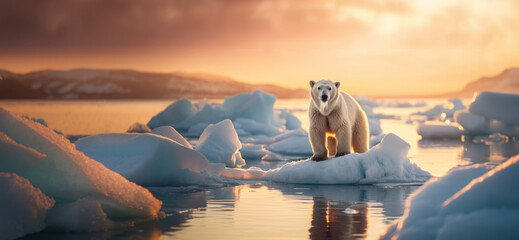 ours polaire sur la banquise avec un ciel rougeoyant au moment du coucher de soleil  - obrazy, fototapety, plakaty